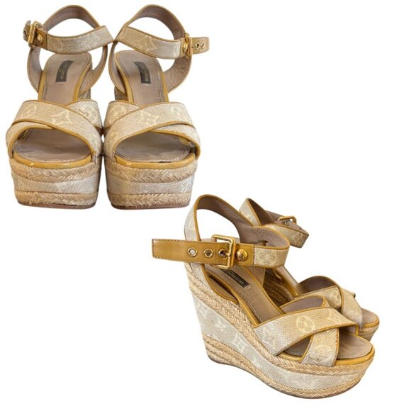 AUTHENTIC VTG. Y2K LOUIS VUITTON‎ LV CANVAS LOGO PLATFORM WEDGE SANDALS 5.5-6/36 - Picture 4 of 8